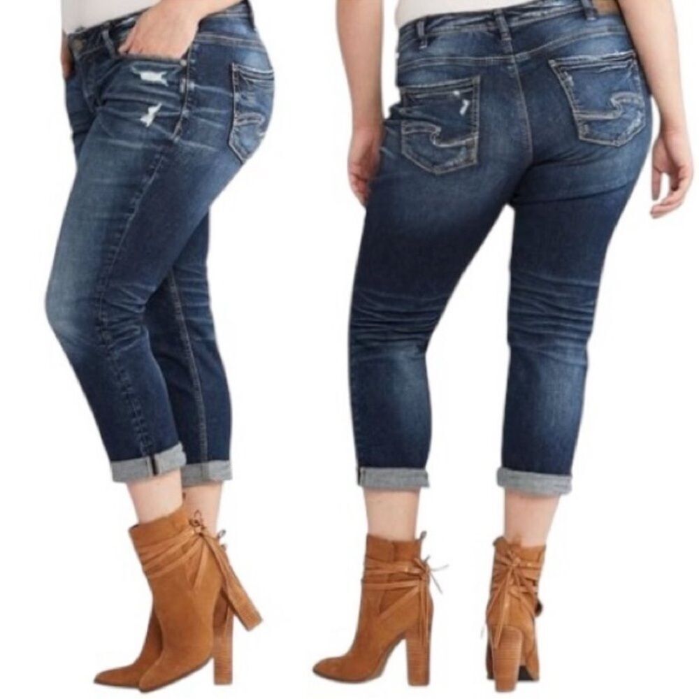 Silver Jeans Sam Boyfriend Crop Jeans 36 Dark Wash Denim Distressed
